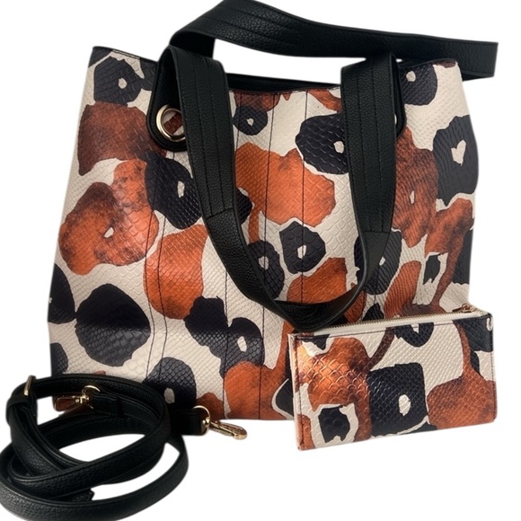 Cato Handbags - Cato Black and Orange Floral Tote Bag Set